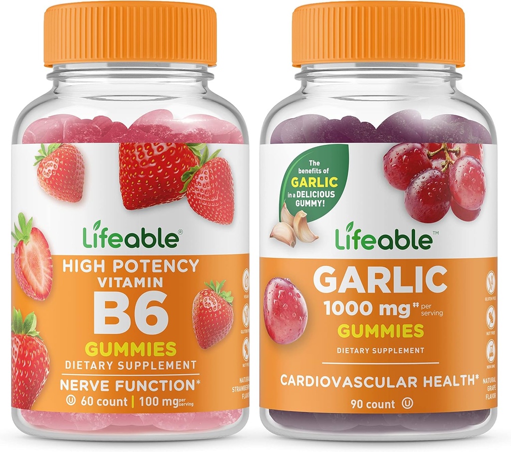 Lifeable Vitamin B6 + hvidløg 1000mg, Gummies Bundle - Great Tasting, Vitamin Supplement, Gluten fri, GMO fri, tyggetabletter
