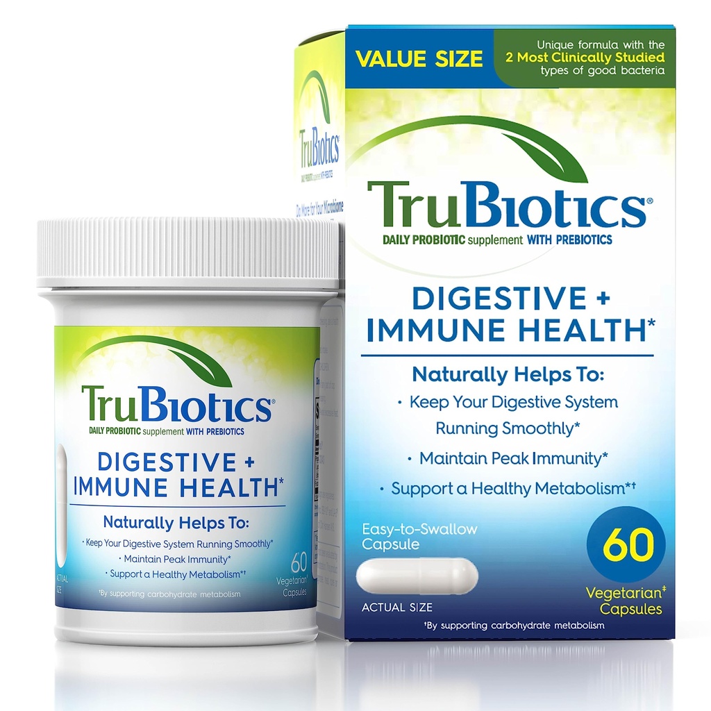 Trubiotika Probiotika til fordøjelse og immunforsvar, understøtter regelmæssighed & hjælper Relieve Abdominal ubehag, Gas & Bloating, 2 Klinisk Studerede Probiotiske Strops, Plus Prebiotika, 60 Kapsler