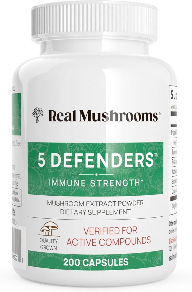 Real Mushrooms 5 Defenders Mushroom Complex - Organic Adaptogen Mushroom Blend med Chaga, Reishi, Tyrkiet Tail, Maitake & Shiitake for Wellness Support - Mushroom Beta Glucan Kapsler - 200 Greve