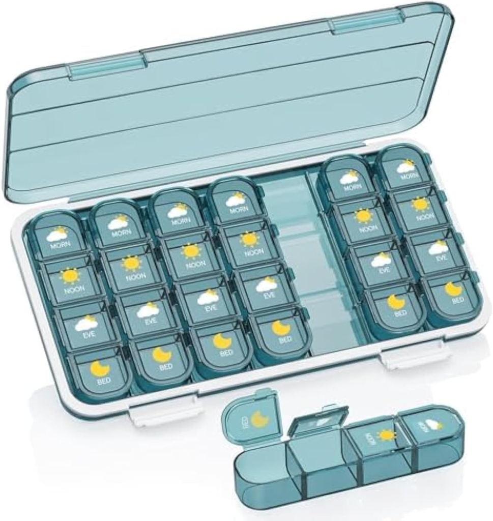 Pill Organizer 4 gange om dagen, Pill Box 4 gange om dagen 7 dag - Acedada Weekly Medicine Box Organizer med separat sag, Portable Daily Pill Container Dispenser for Vitamin, Fiskeolier, Kosttilskud, Blå