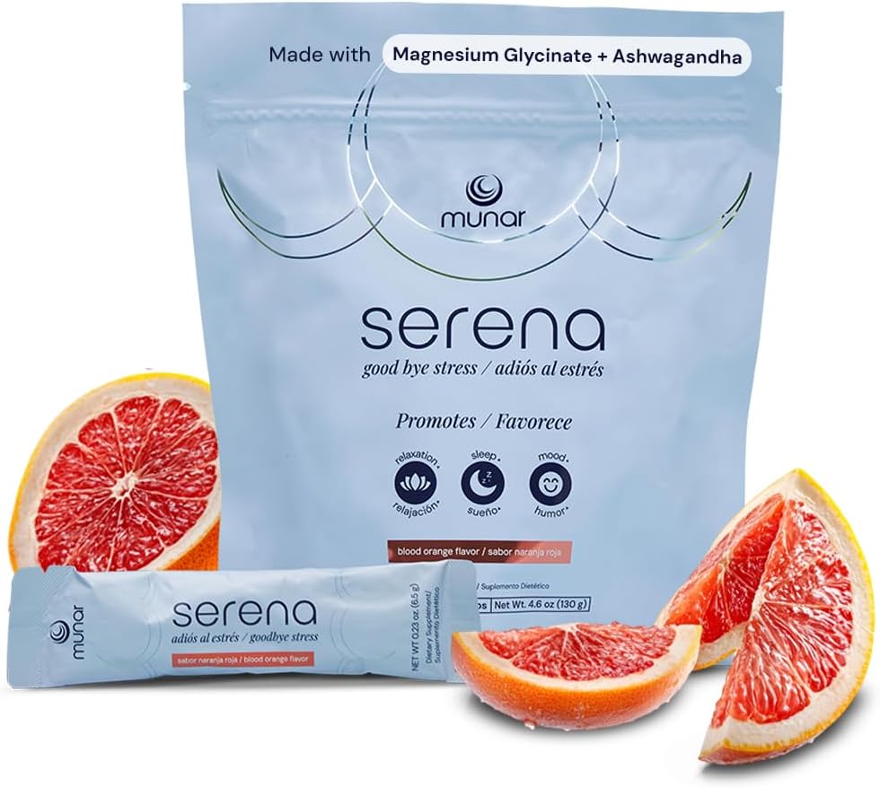 Munar Serena Magnesium Drink Mix, Blood Orange, Magnesium Glycinat og Ashwagandha Supplement, L Theanine - Rolig support, Stress Relief, Mood Boost, og sovestøtte - 20 On- The- Go Stick Packs