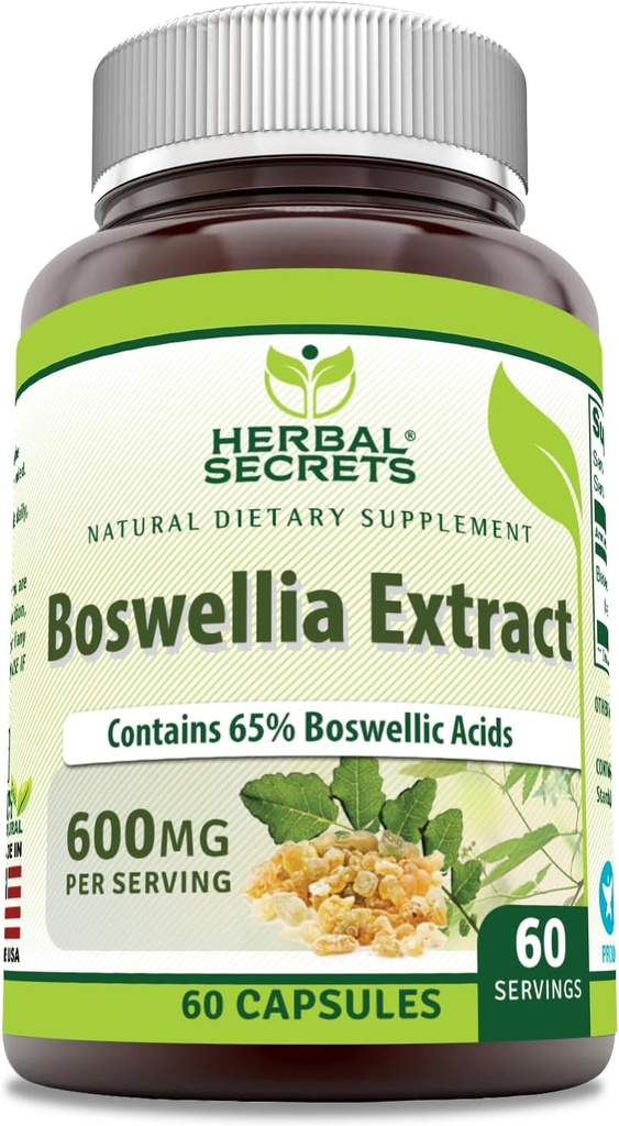 Herbal Secrets Boswellia Serrata Extract Supplement: 124; 65% Boswellinsyre: 124; 600 Mg pr Servering: 124; 60 Kapsler: 124; Non- GMO: 124; Gluten- fri; 124; Fremstillet i USA