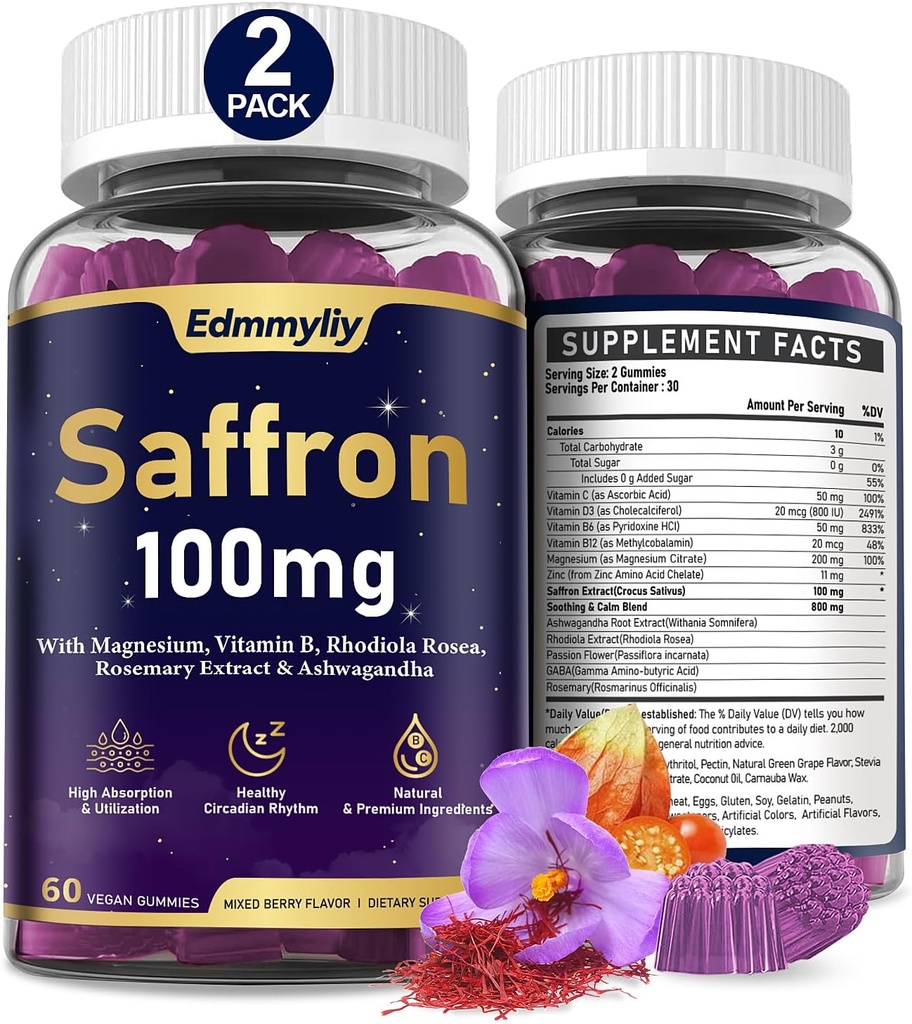 Saffron Supplements Gummies for Adult - Organic Saffron Extract 100mg with Magnesium, Ashwagandha, Rhodiola Rosea, Rosemary and Vitamins - Support Positive Mood & Focus - Sugar Free & Vegan