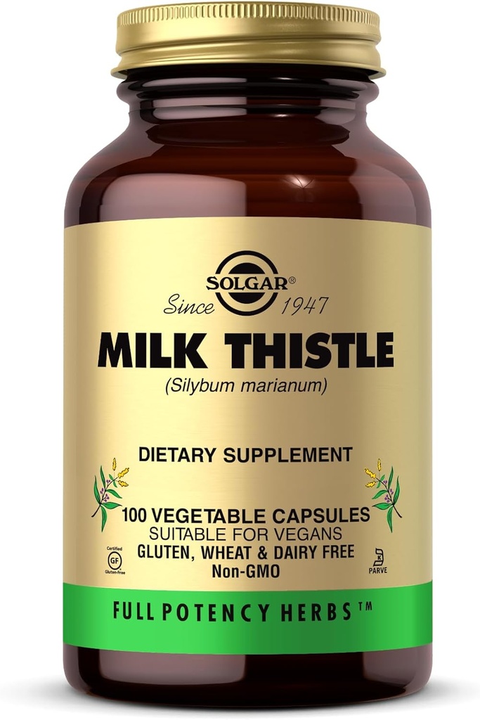 Solgar Milk Thistle - 100 Vegetabilske kapsler - Fuld potens (FP) - Non- GMO, Vegan, Gluten Free, Dairy Free, Kosher - 100 Servere