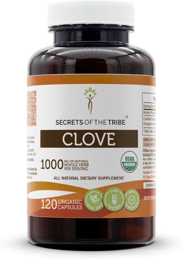 Hemmeligheder i Tribe Clove 120 Kapsler, 1000 mg, USDA Organic Clove (Syzygium Aromaticum) Tørrede blomsterknopper (120 Kapsler)