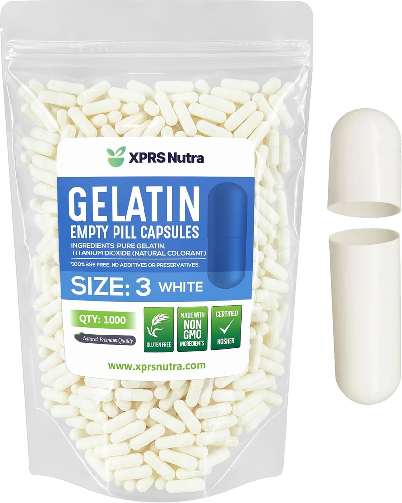 XPRS Nutra Størrelse 3 Tomme kapsler - 1000 Tomme Gelatine kapsler - Piller gør det - Pure Bovin Pill Gel Caps Fyldelig Do- It- Yourself vitaminer og kosttilskud (hvid)