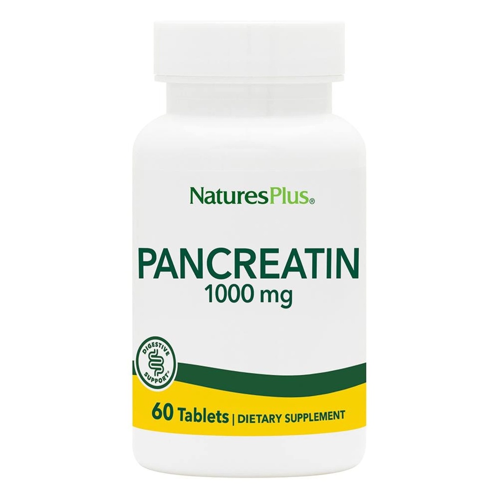 Natures Plus Pancreatin - 1000 mg, 60 tabletter - Natural fordøjelsesmiddel Enzyme Supplement for Gastrointestinal Support - Indeholder Amylase, Protease & Lipase - Gluten- Free - 60 Serveringer