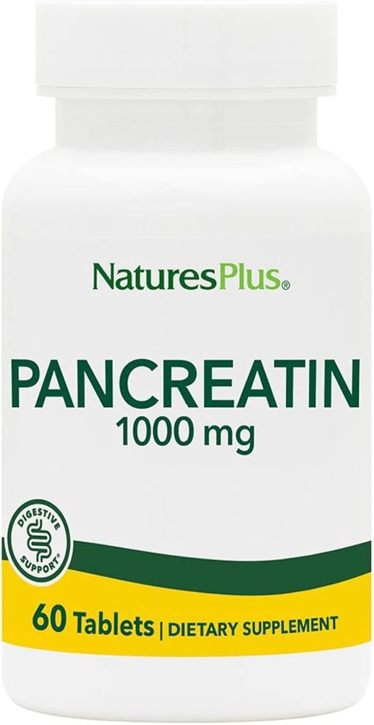 Natures Plus Pancreatin - 1000 mg, 60 tabletter - Natural fordøjelsesmiddel Enzyme Supplement for Gastrointestinal Support - Indeholder Amylase, Protease & Lipase - Gluten- Free - 60 Serveringer