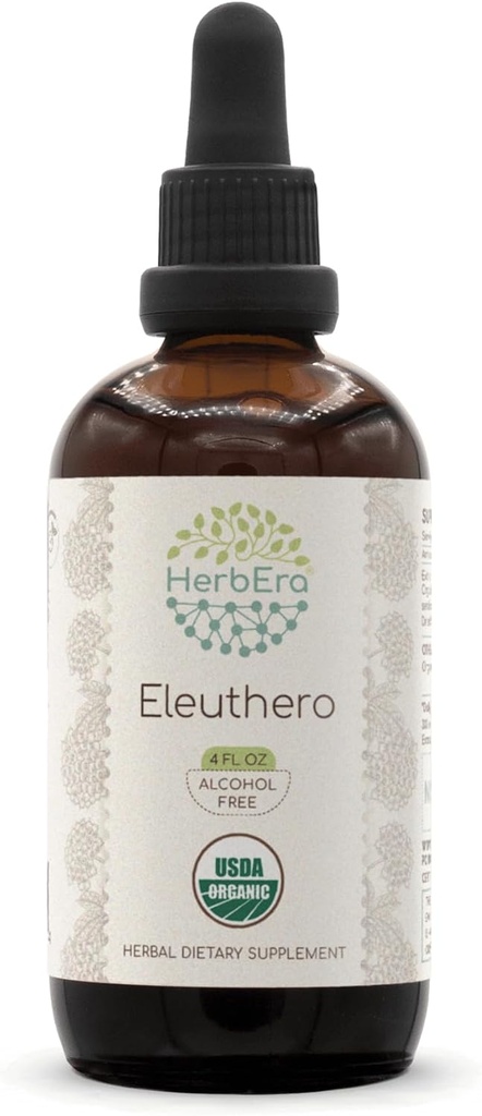 HerbEra Eleuthero B120 USDA Organic Tincture Yep 124; Alkoholfri ekstrakt, Højpotens Herbal Drops Yep 124; Certified Organic Eleuthero (Eleutherococcus Senticosus, Siberian Ginseng) Tørret rod (4 oz)
