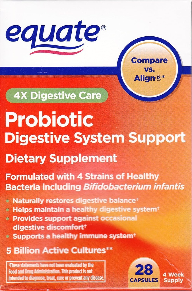 Equate - Probiotic, Digestive System Support, 4X Digestive Care, 28 Capsules (Compare vs. Align)