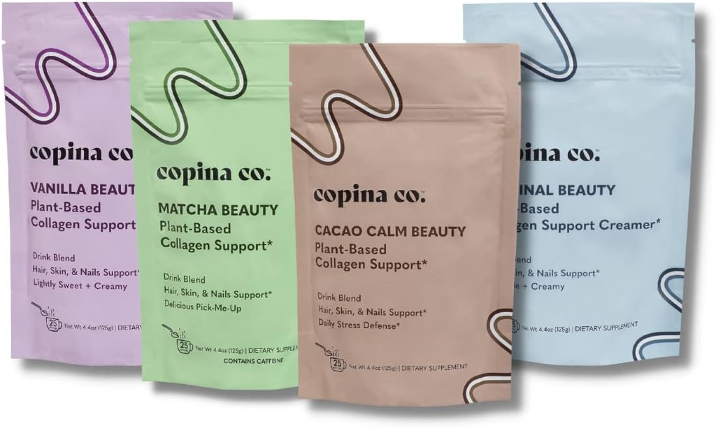 Copina Co. Vegan Collagen Booster Mix: Plant baseret Collagen Support Smoothie Drink Vegan Blend Variety Pack 124; 4 Flavors Matcha, Vanilla, Original og Cacao Calm Shue 124; 25 portioner pr 4.4oz taske