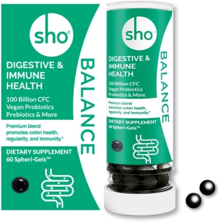 SHO Balance 100 Millioner CFU Prebiotika og Probiotika, herunder Lactobacillus Casei til fordøjelse, Shelf- Stable Vegan Probiotika til mænd og kvinder - 60 Pills Refill flaske