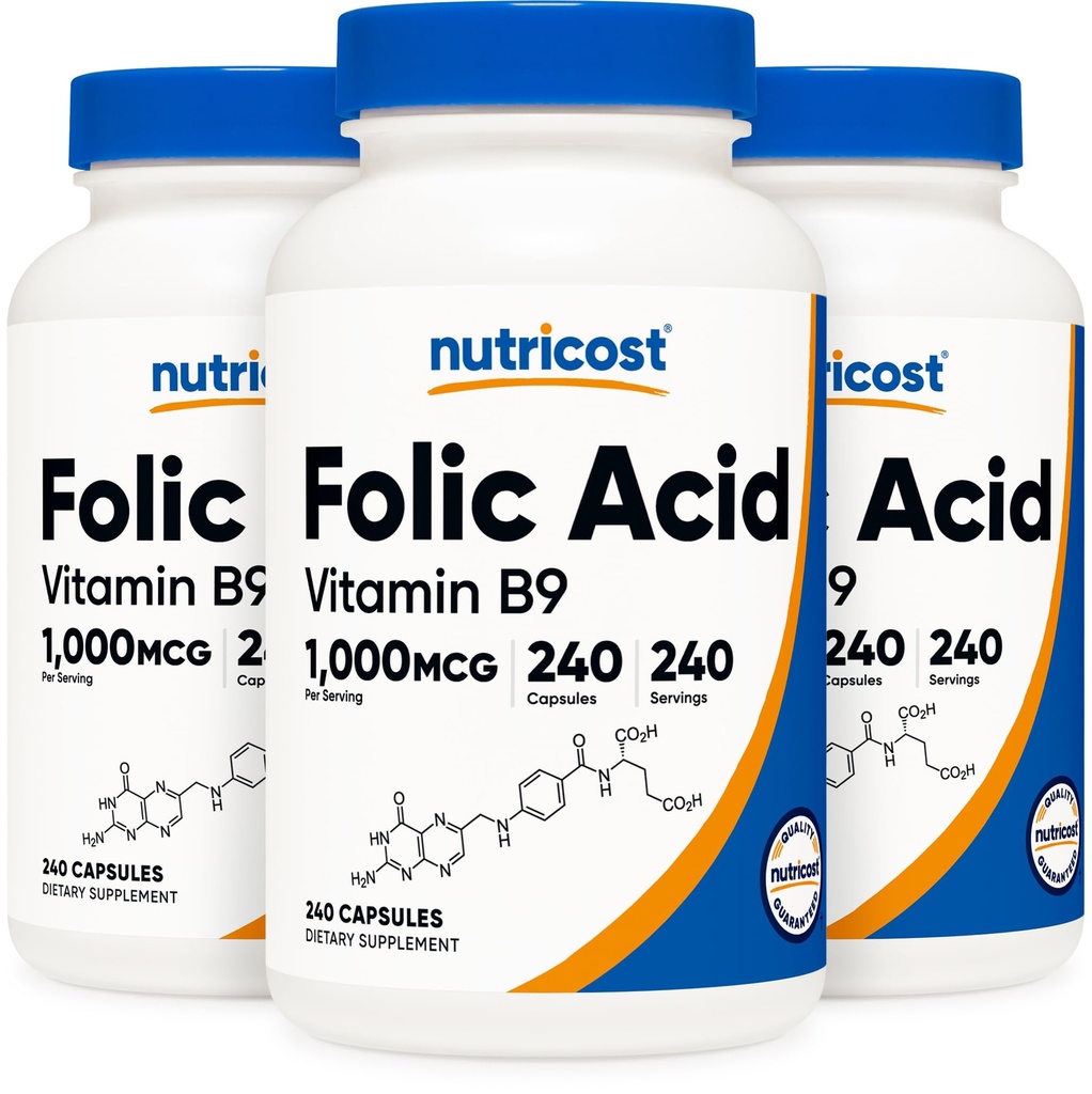 Nutricost folinsyre (vitamin B9) 1000 mcg, 240 kapsler (3 flasker)