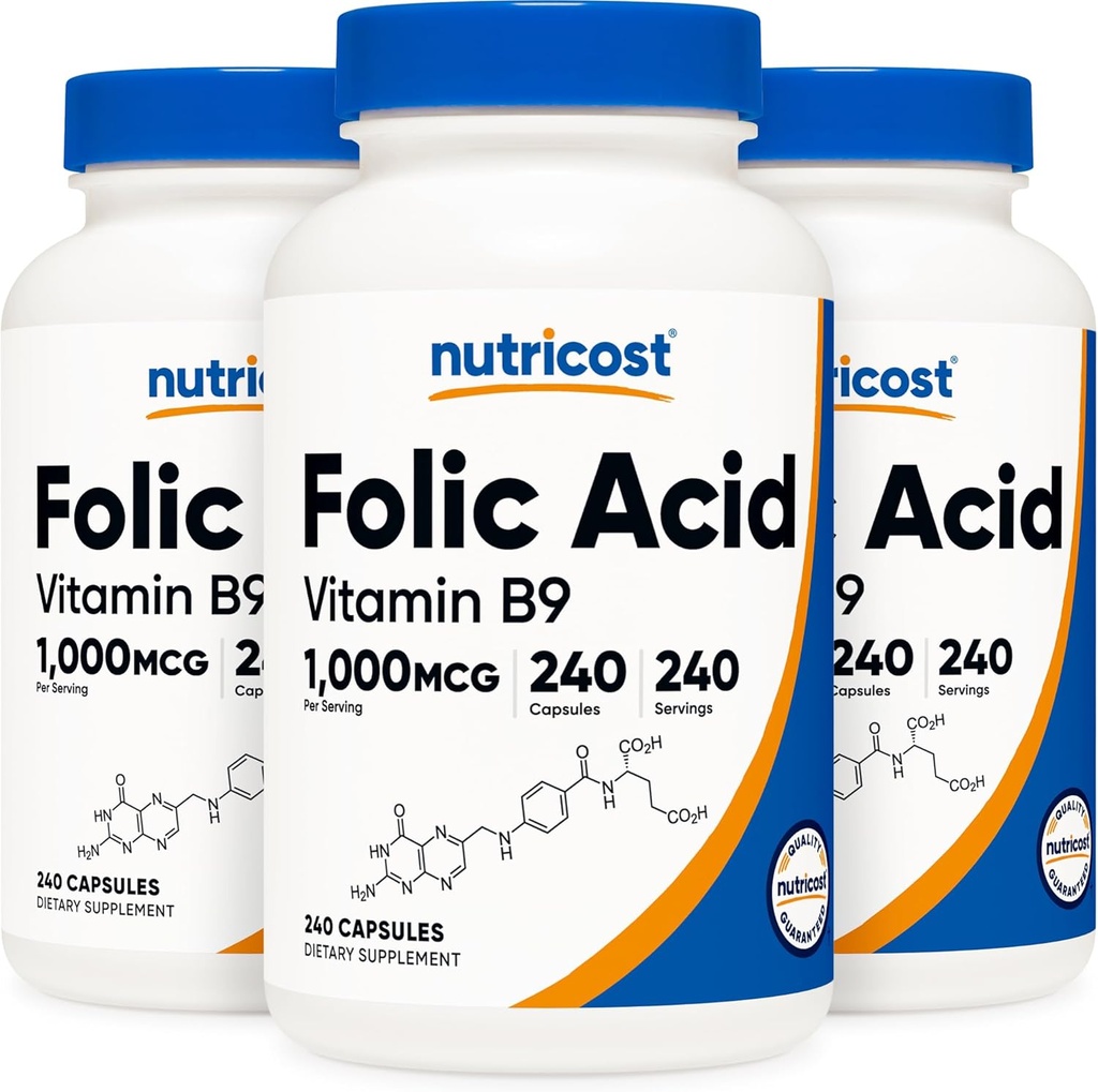 Nutricost folinsyre (vitamin B9) 1000 mcg, 240 kapsler (3 flasker)