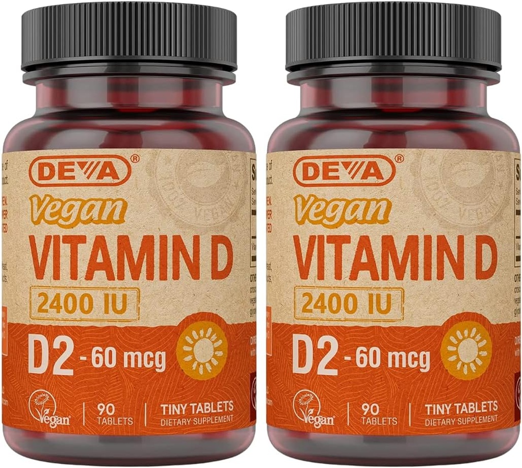 DEVA Vegan Vitamin D2 60 mcg 2400 IE, Ergocalciferol tillæg med ingen animalske ingredienser, 90 tabletter (pakning med 2)