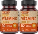 DEVA Vegan Vitamin D2 60 mcg 2400 IE, Ergocalciferol tillæg med ingen animalske ingredienser, 90 tabletter (pakning med 2)