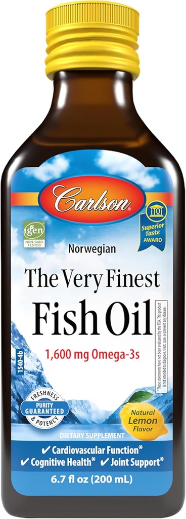 Carlson - Den meget fineste fiskeolie, 1600 mg Omega- 3s, flydende fiskeolie supplement, Norwegian Fish Oil, Wild- Fanget, Sustainable Sourced Fish Oil Liquid, Lemon, 200ml, 6.7 Fl Oz