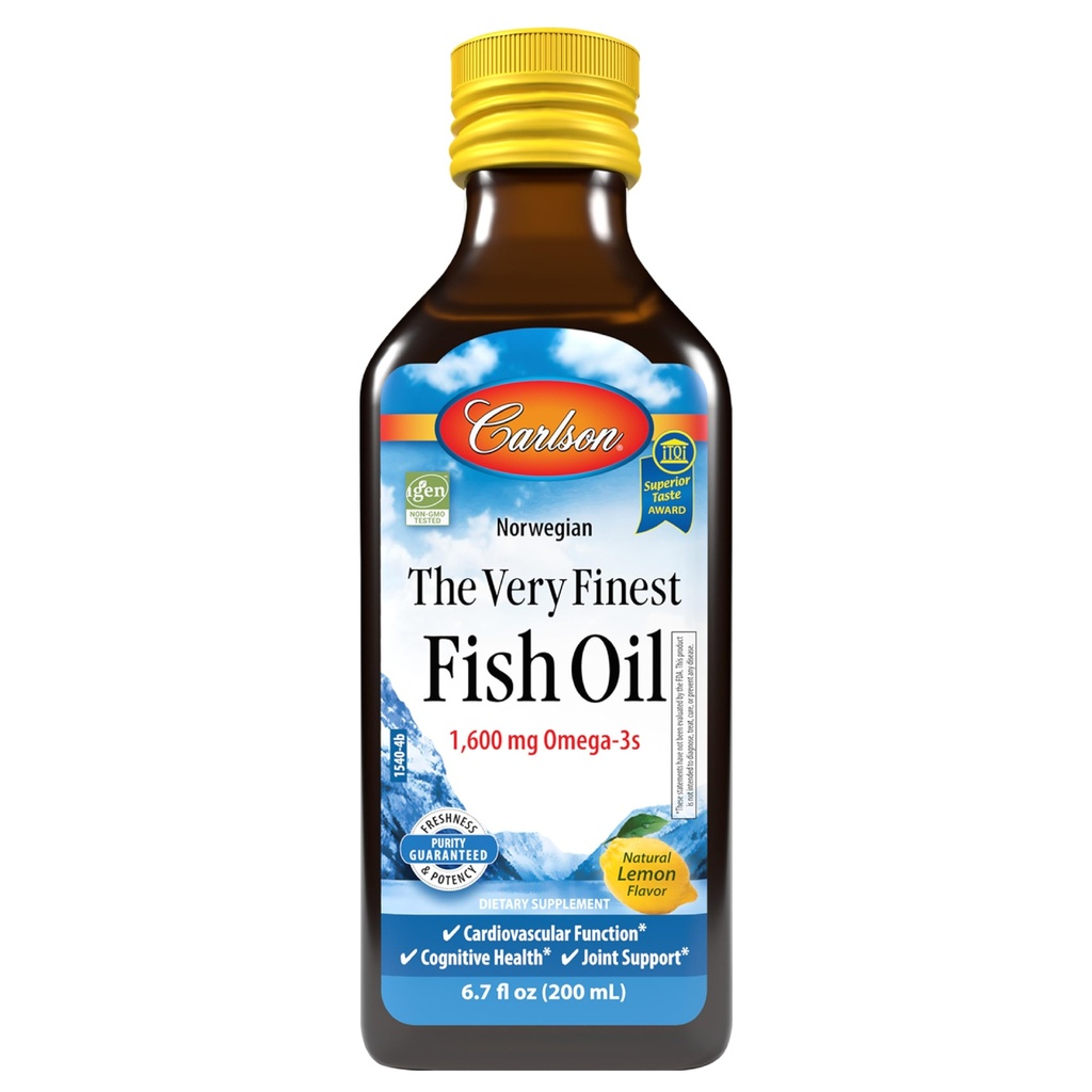 Carlson - Den meget fineste fiskeolie, 1600 mg Omega- 3s, flydende fiskeolie supplement, Norwegian Fish Oil, Wild- Fanget, Sustainable Sourced Fish Oil Liquid, Lemon, 200ml, 6.7 Fl Oz