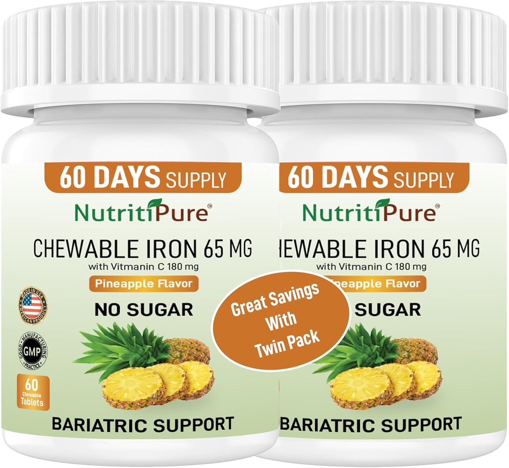 Chewable Iron 65 mg with Vitamin C 180 mg - Tablet in Pineapple Flavor 60 Count (2)