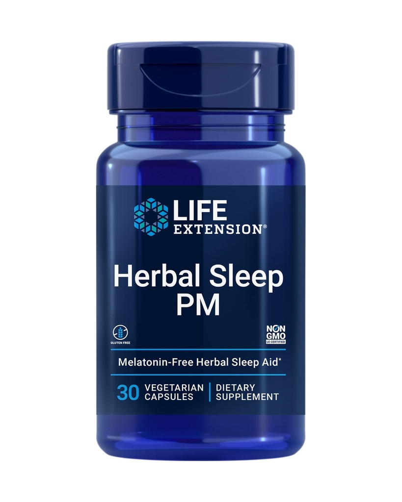 Life Extension Herbal Sleep PM, Lemon Balm, honokiol (Magnolia bark), Kamille, fremmer sund søvn, Hormon-fri, melaton- fri, Gluten Free, Non- GMO, Vegetar, 30 Kapsler