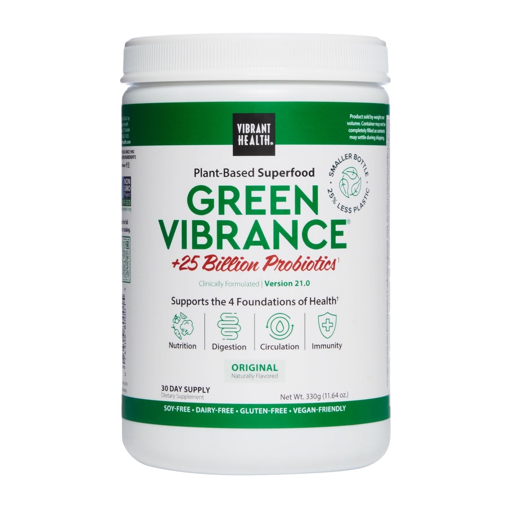 Vibrerende sundhed, Green Vibrance, omfatter 65 Plantbaserede superfoods, 25 Millioner Probiotika, Fiber, Adaptogens & Enzymes, 30 Servere