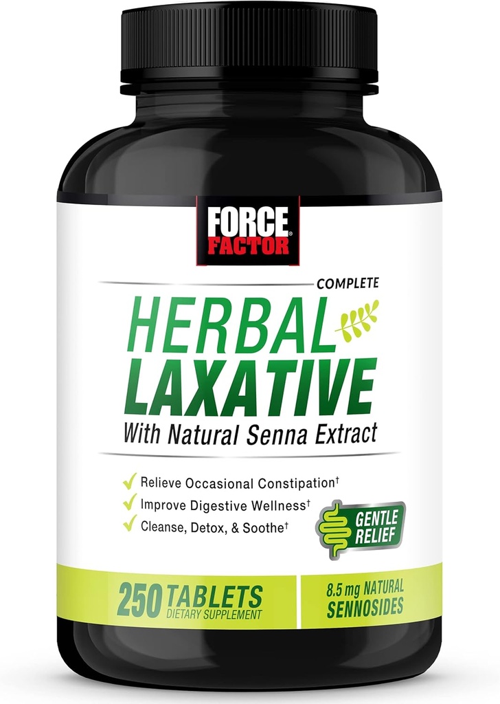 FORCE FACTOR Herbal Laxative for Constipation Relief for voksne, fordøjelse Supplement Lavet med Senna til rengøring, Detox, og Sothe, Laxatives for Constipation for Kvinder og Mænd, 250 tabletter