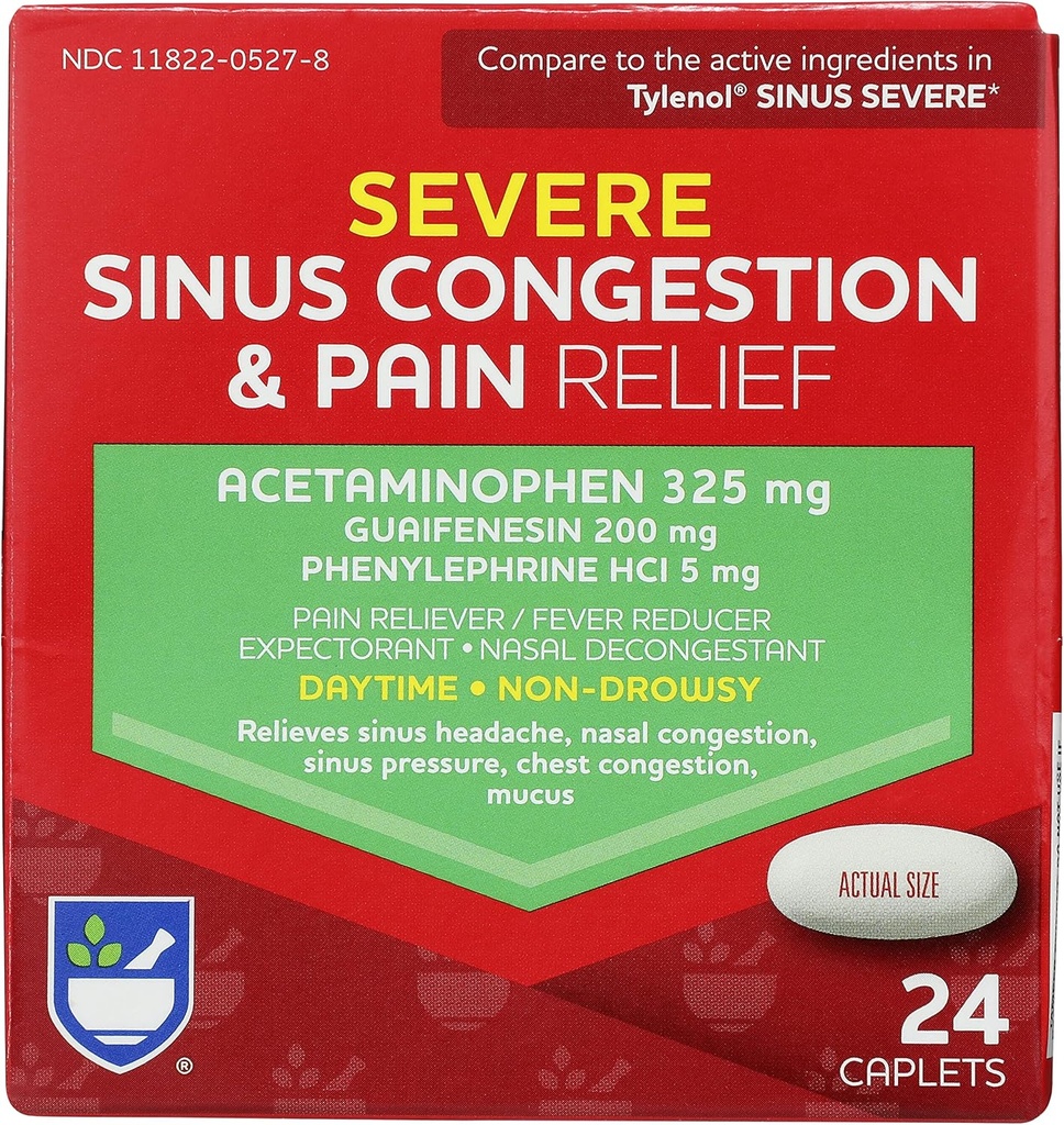 Rite Aid Daytime Svær Sinus Congestion & Pain Relief - Acetaminophen, 325 mg - 24 Caplets - 124; Multi- symptom Non- Drowsy - 124; Relief - 124; Cold and Influenza - 124; Cold & Sinus Medicin til voksne