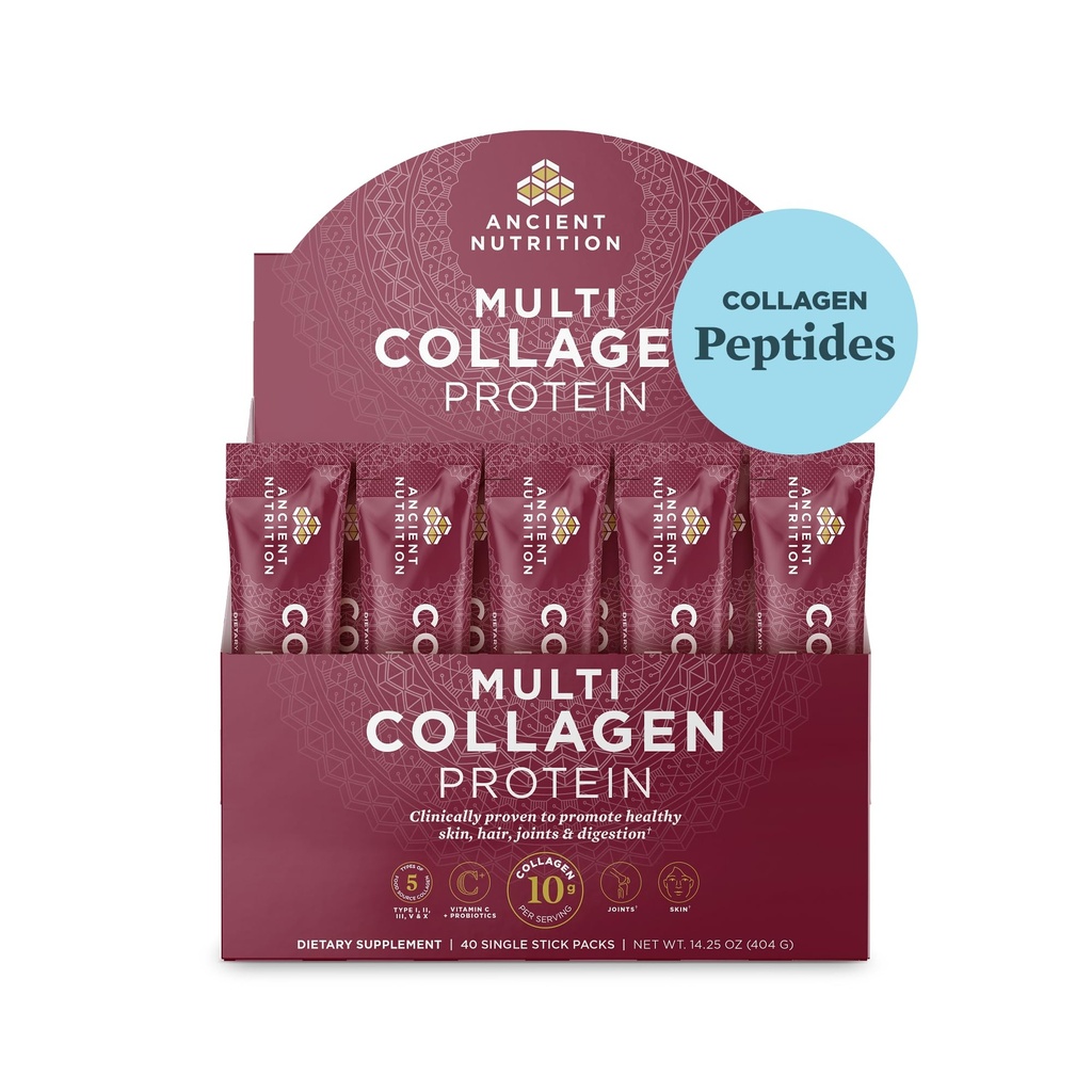 Ancient Nutrition Collagen Peptider Powder, Multi Collagen Protein, Kvinder & Mænd, C-vitamin, Probiotika, Hydrolyseret Collagen, Understøtter hud, Joints, Gut Health, Unflavored, 40 Stick Packs