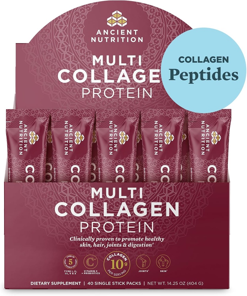 Ancient Nutrition Collagen Peptider Powder, Multi Collagen Protein, Kvinder & Mænd, C-vitamin, Probiotika, Hydrolyseret Collagen, Understøtter hud, Joints, Gut Health, Unflavored, 40 Stick Packs
