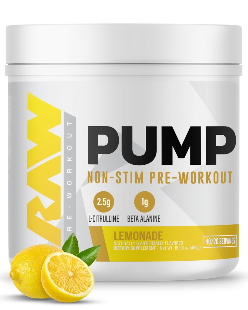 RAW Pump Stim Gratis Pre Workout (Lemonade) - Non- Stimulant Pre Workout Supplement Pulver Nitrogen Oxide Booster - Pre Workout Kosttilskud drikke til under træning - 40 Servere