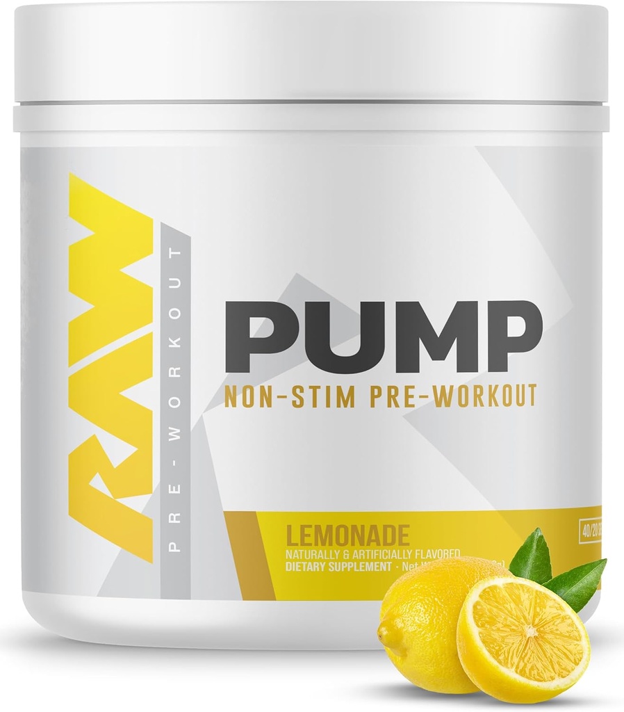 RAW Pump Stim Gratis Pre Workout (Lemonade) - Non- Stimulant Pre Workout Supplement Pulver Nitrogen Oxide Booster - Pre Workout Kosttilskud drikke til under træning - 40 Servere
