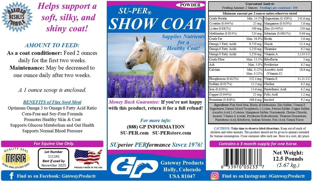 SU- PER Vis Coat Supplement for Heste - Understøtter blød, Silky, og Shiny Coat - Hurtigere Mane og Hale vækst - Aminosyrer, B- Complex vitaminer og mineraler - 12,5 Pund, 3 måneders forsyning
