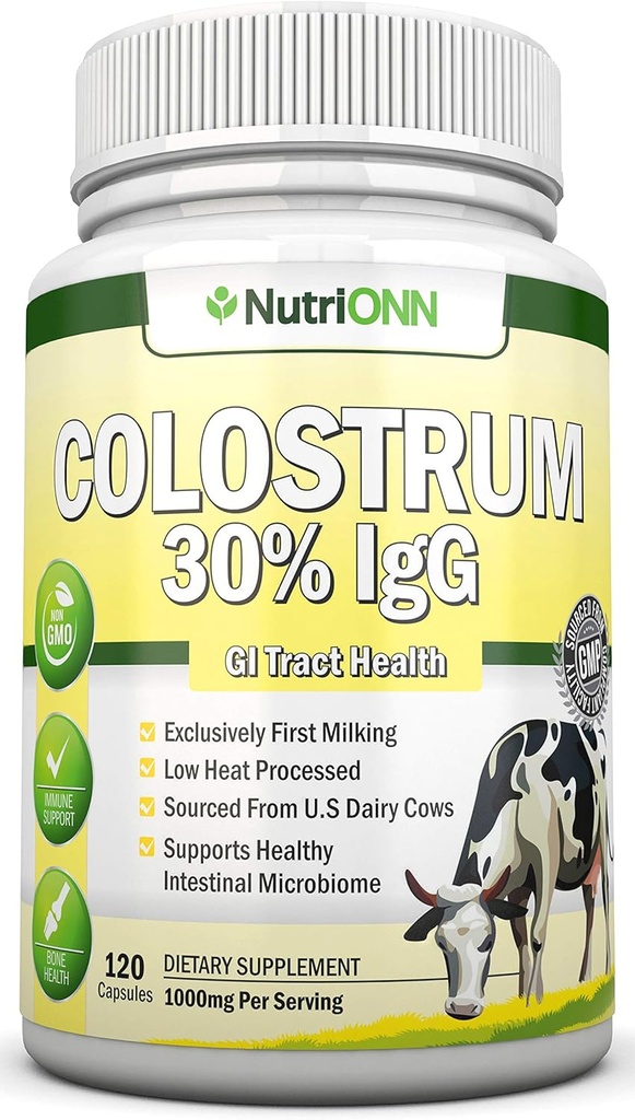 Colostrum - 1000mg - 120 kapsler - 30% IgG - Non- GMO US Dairy - First Malking Bovine Colostrum - Lavvarme Forarbejdet - Great for GI Tract Health - immunforsvar - ben og muskel sundhed