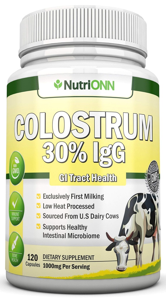 Colostrum - 1000mg - 120 kapsler - 30% IgG - Non- GMO US Dairy - First Malking Bovine Colostrum - Lavvarme Forarbejdet - Great for GI Tract Health - immunforsvar - ben og muskel sundhed