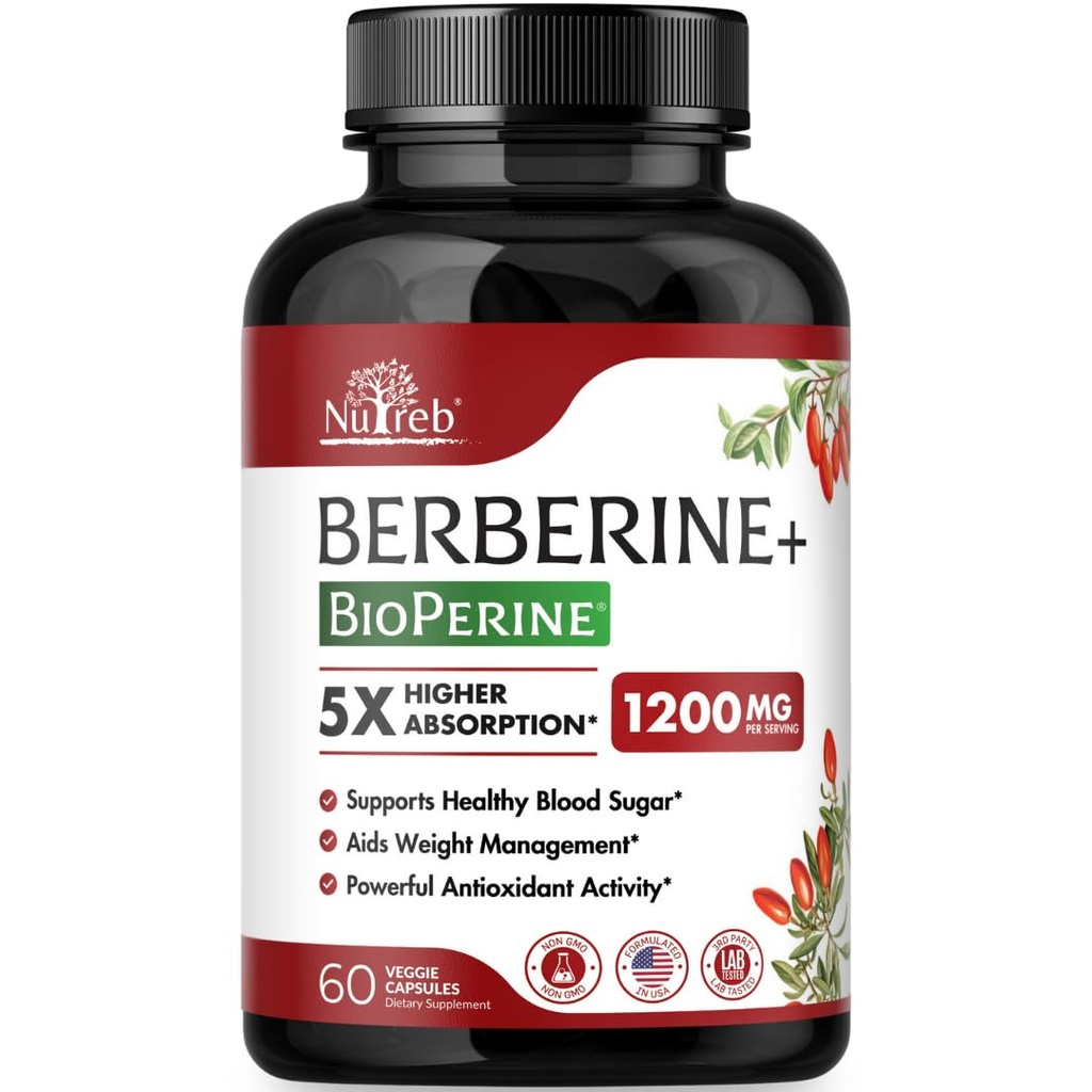 Berberine Supplement 1200mg - 5X Højere Absorption - Ultra Pure 98% Berberine HCL - Sund vægthåndtering, immunforsvar - Ikke GMO, fremstillet i USA - 60 Veganske kapsler