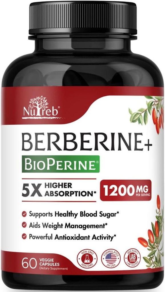 Berberine Supplement 1200mg - 5X Højere Absorption - Ultra Pure 98% Berberine HCL - Sund vægthåndtering, immunforsvar - Ikke GMO, fremstillet i USA - 60 Veganske kapsler