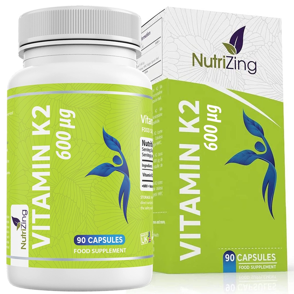 NutriZing K2 Vitamin Supplement MK- 7 - Høj styrke 600mcg - Understøtter Bone & Arterial Sundhed - 90 Vegan Kapsler - Vitamin K2 til mænd og kvinder - 3 måneders forsyning