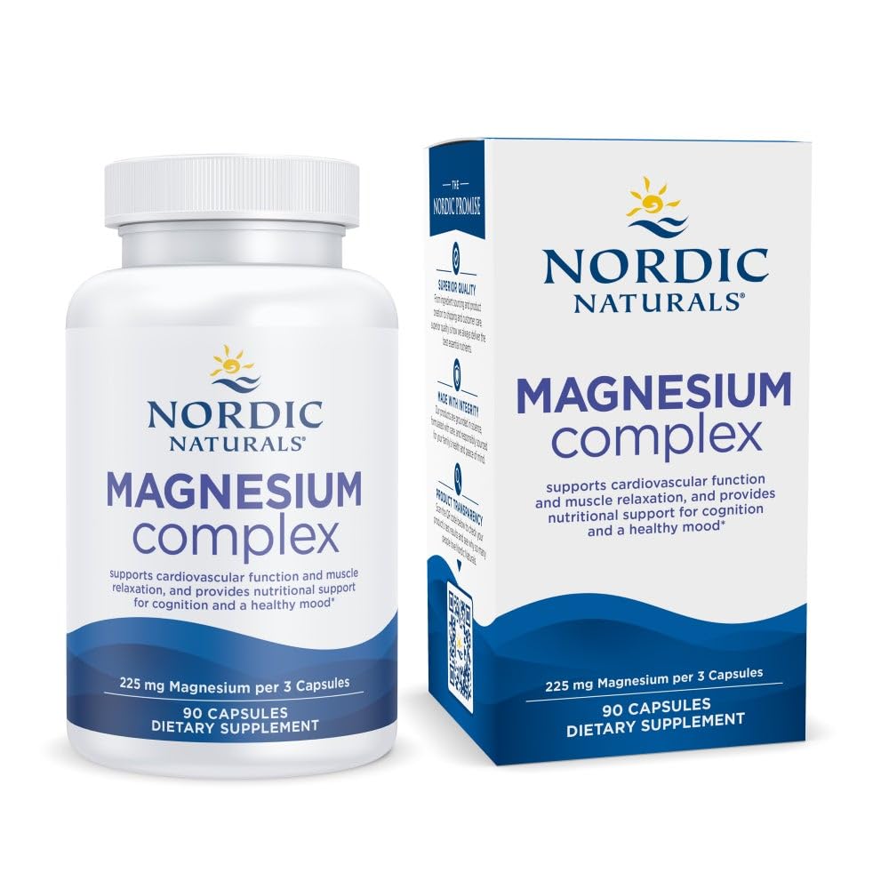 Nordic Naturals Magnesium Complex - 90 kapsler - 225 mg Magnesium, 1, 9 mg Jern - Brain & Heart Health, Mood, Energy, & Muscle Relaxation - Non- GMO, Vegan - 30 Servering