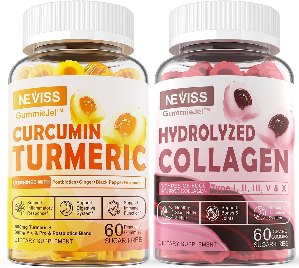 Sugar Free Collagen fyldt gummies + Sugar Free Gurkemeje fyldt gummies, for sund hud hårnegle, ben & fælles støtte, immunforsvar og fordøjelsessygdomme