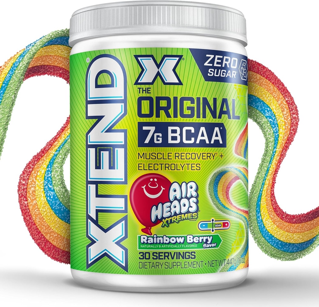 Xtend Original BCAA Powder Airheads Rainbow Berry Flavor, 7g BCAA og 2,5 g L- Glutamin, Sukker Free Post Workout Muscle Inddrivelse Drik med Aminosyrer til mænd og kvinder, 30 Servering