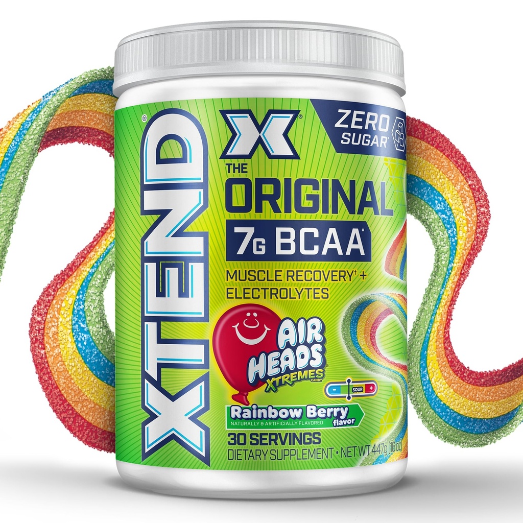 Xtend Original BCAA Powder Airheads Rainbow Berry Flavor, 7g BCAA og 2,5 g L- Glutamin, Sukker Free Post Workout Muscle Inddrivelse Drik med Aminosyrer til mænd og kvinder, 30 Servering