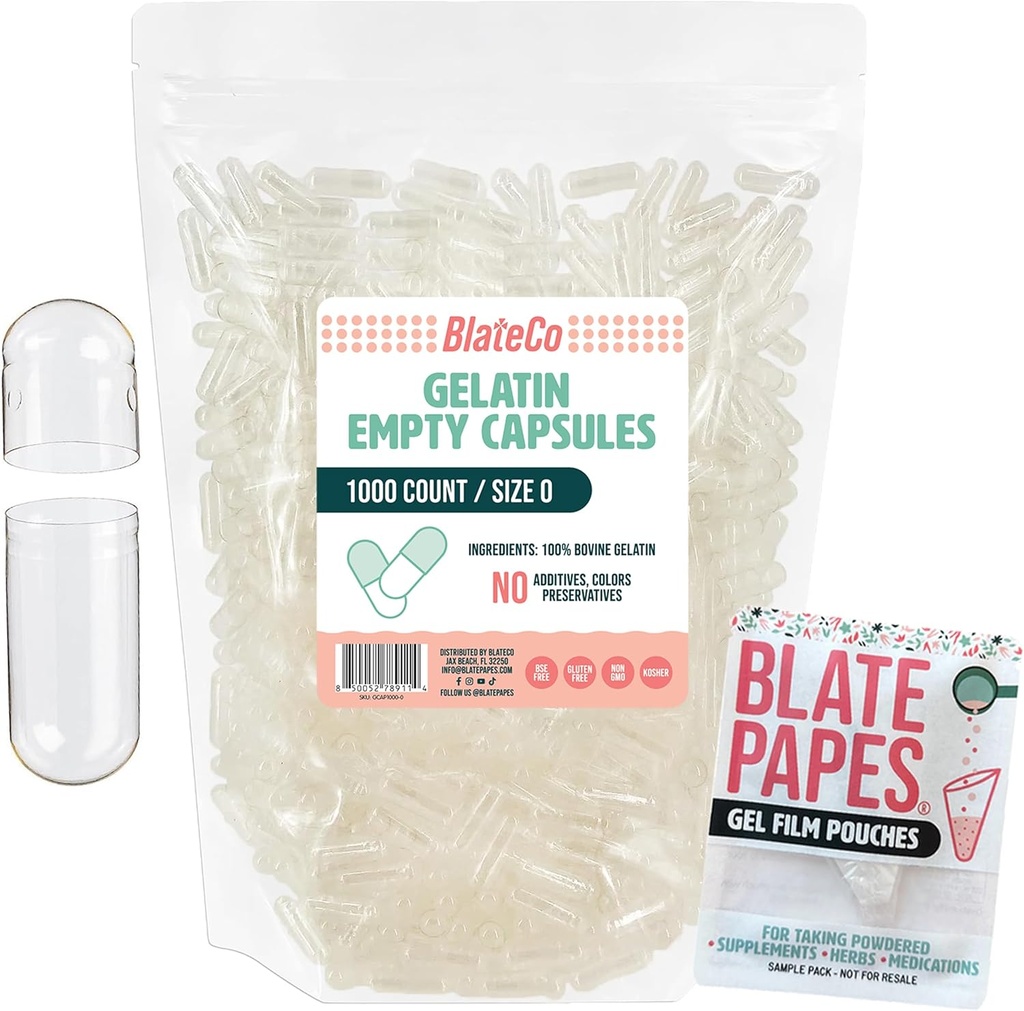 BlateCo Premium Størrelse 0 Tomme Gelatine kapsler, 1000 Greve (Clear) med Blaty Papes ® Gel Film Pouches - Ny, Non- GMO Fyldelig Pill Caps i en resealable taske - Intet kunstigt, nogensinde.
