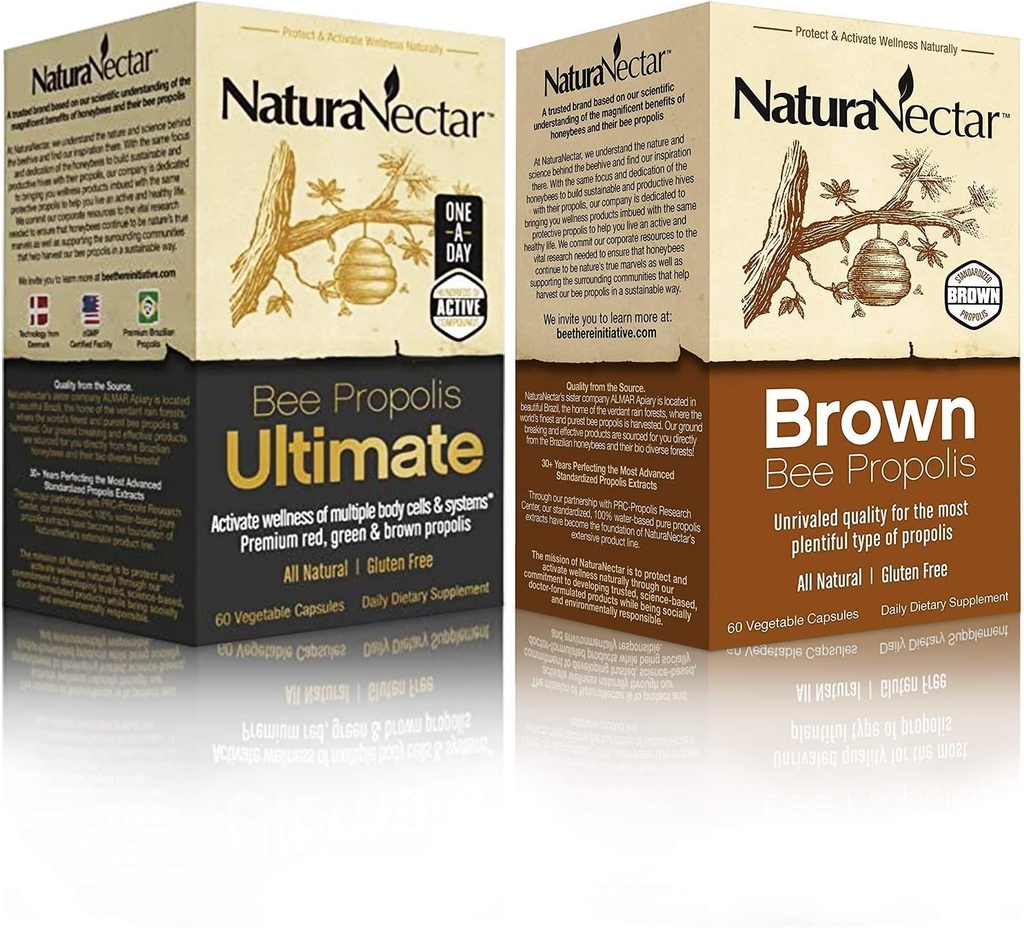 NaturaNectar Natural Bee Propolis Bundle - Bee Propolis Ultimate og Brown Bee Propolis - for immunforsvar, cardiovaskulær, og Respiratory Systems Support - 60 kapsler per flaske