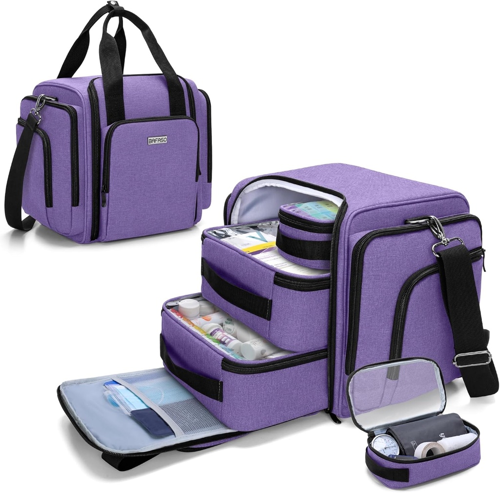 BAFASO Stor pilleflaske Organizer med 4 Indre Aftagelige Pouches, Medicin Bag Kom med skulderrem (KUN), Lilla