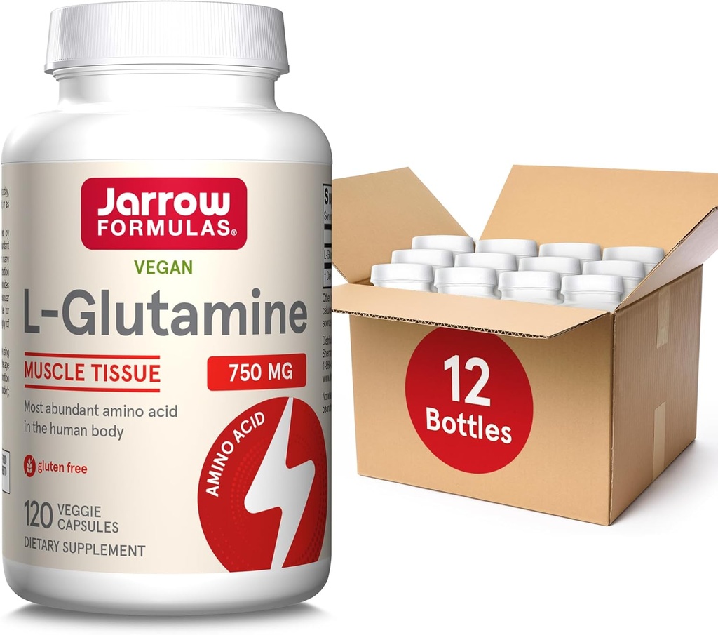 Jarrow Formulas L- Glutamin 750 mg, Kosttilskud, immunforsvar og muskelstøtte, 120 Veggie kapsler, Op til 120 dages forsyning (pakke med 12)
