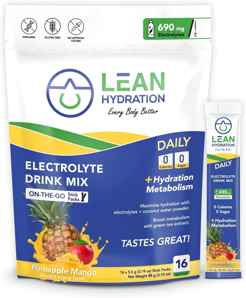 Lean Hydration Daily Electrolyte Packets Drink Mix 124; Zero Calories, Zero Sugar plus Vitamin, Minerals & More; 124; 16 ct (Ananas Mango)