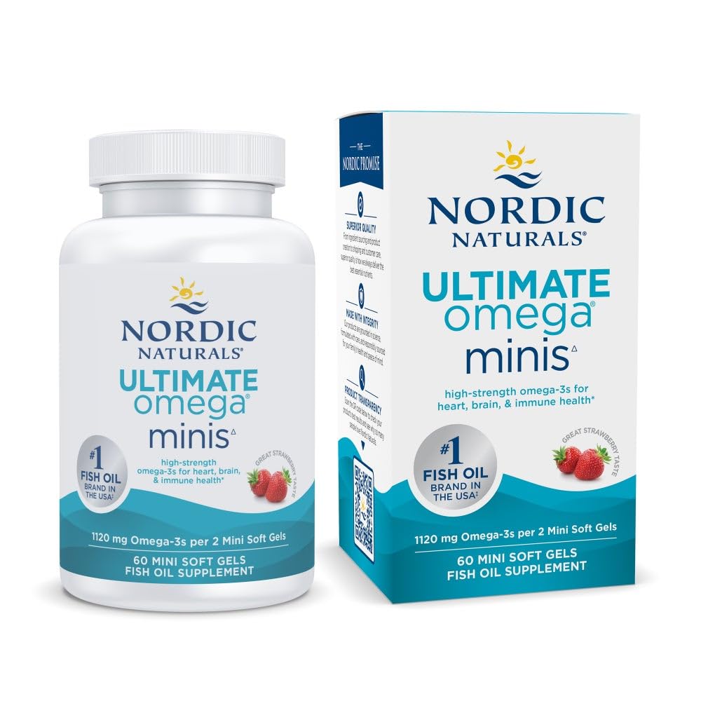 Nordic Naturals Ultimate Omega Minis, Strawberry Flavor - 60 Minis Soft Gels - 1120 mg Omega-3 - Højpotens Fish Oil Supplement - EPA & DHA - fremmer hjerne & hjerte sundhed - 30 Serveringer