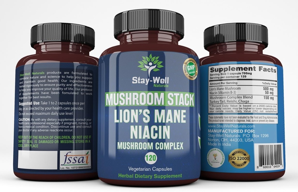 Lion Mane Mushroom Support Kapsler med Niacin MS4; Mushroom Kompleks Kapsler, med Tyrkiet Tail Mushrooms, Chaga Mushroom og Reishi Mushroom Extract, Mushroom Support Kapsler