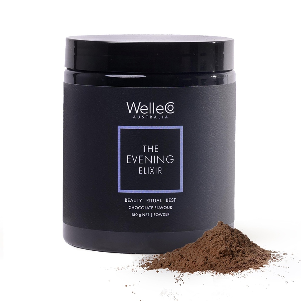 WelleCo The Evening Elixir, C-vitamin varm chokolade skønhed drik mix med Niacin, Lemon Balm & Magnesium, understøtter søvn, kollagen formering & hud Glow, 150g (5.3 oz) Jar