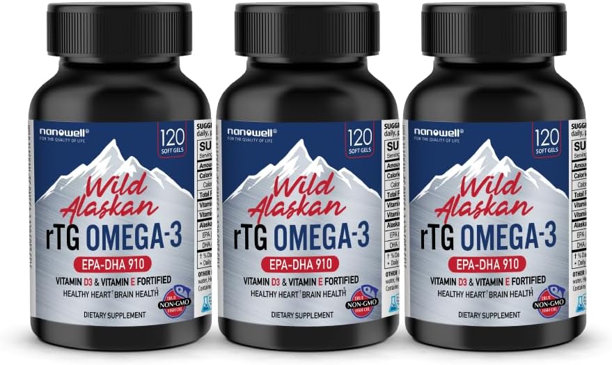 NANOWELL Wild Alaska rTG Omega-3 Fish Oil 1196mg - EPA, DHA, D3- vitamin & E - 120 Softgels x 3 flasker (360 Tæl)